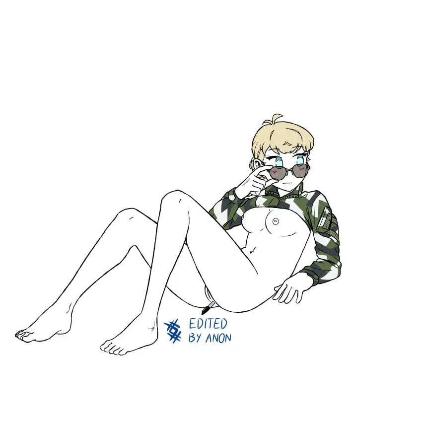 Image blush,blue_eyes,feet,glasses,blonde_hair,edited,military_uniform,functionally_nude,functionally_nude_female,camouflage,ostwindprojekt_(artist),pen_in_ass