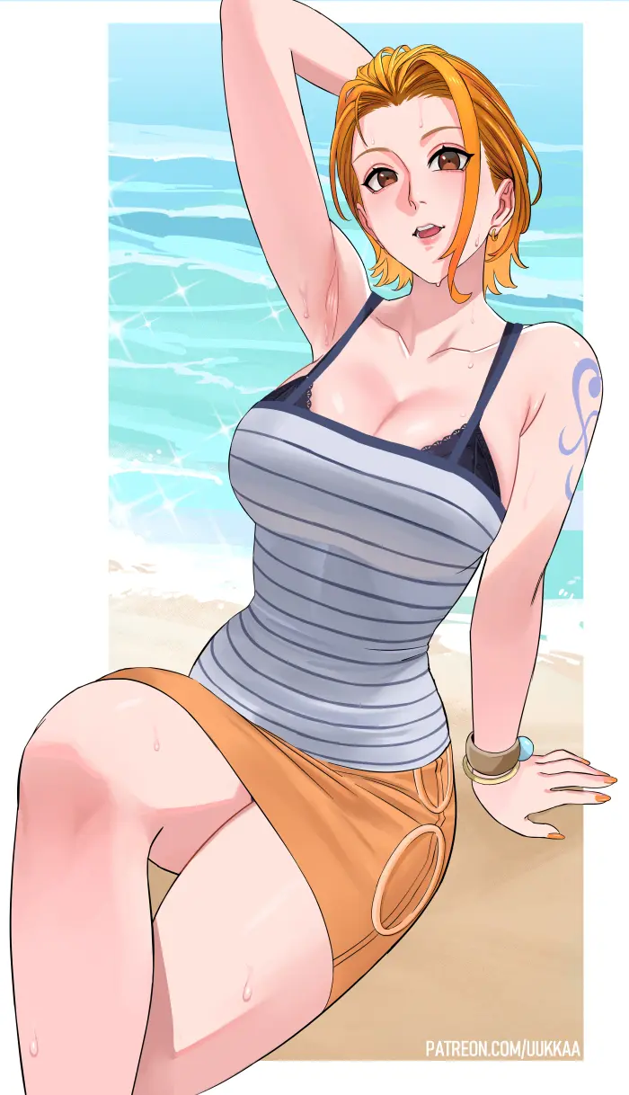 Image 1girls,brown_eyes,female,female_only,light-skinned_female,light_skin,sweat,bra,thighs,one_piece,patreon_username,armpits,cleavage,nami_(one_piece),orange_hair,tattoo,busty,skirt,tight_clothing,arm_tattoo,bracelet,tank_top,painted_nails,short_skirt,painted_fingernails,pre-timeskip,bra_cups_sticking_out,exposed_bra,orange_nail_polish,uukkaa