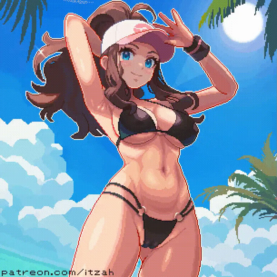 Image female,solo,blue_eyes,pokemon,bikini,brown_hair,animated,gif,hilda_(pokemon),itzah