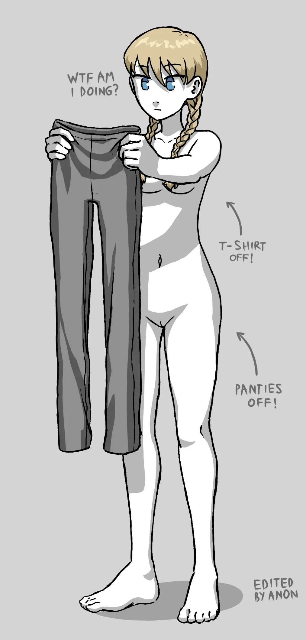 Image 1girls,female,blue_eyes,text,tagme,blonde_hair,naked,edit,ostwindprojekt_(artist),holding_pants