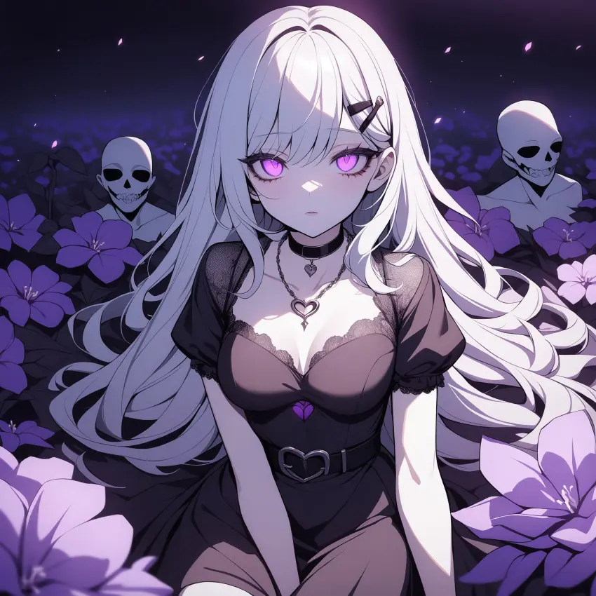 Image 1girls,breasts,female,simple_background,white_hair,choker,seductive,seductive_look,white_skin,ai_generated,cleavage,medium_breasts,dress,purple_eyes,heart,sad,skull,gothic,poizie,synthetic_poison