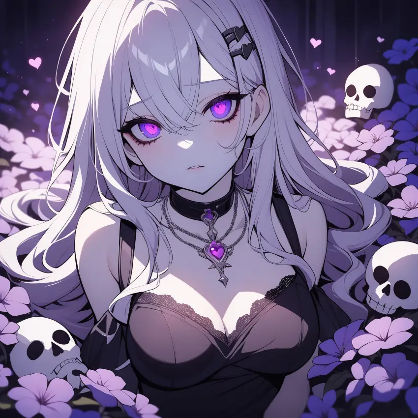 Image 1girls,breasts,female,simple_background,white_hair,choker,seductive,seductive_look,white_skin,ai_generated,cleavage,medium_breasts,dress,purple_eyes,necklace,heart,sad,goth,heart_necklace,gothic,poizie,synthetic_poison