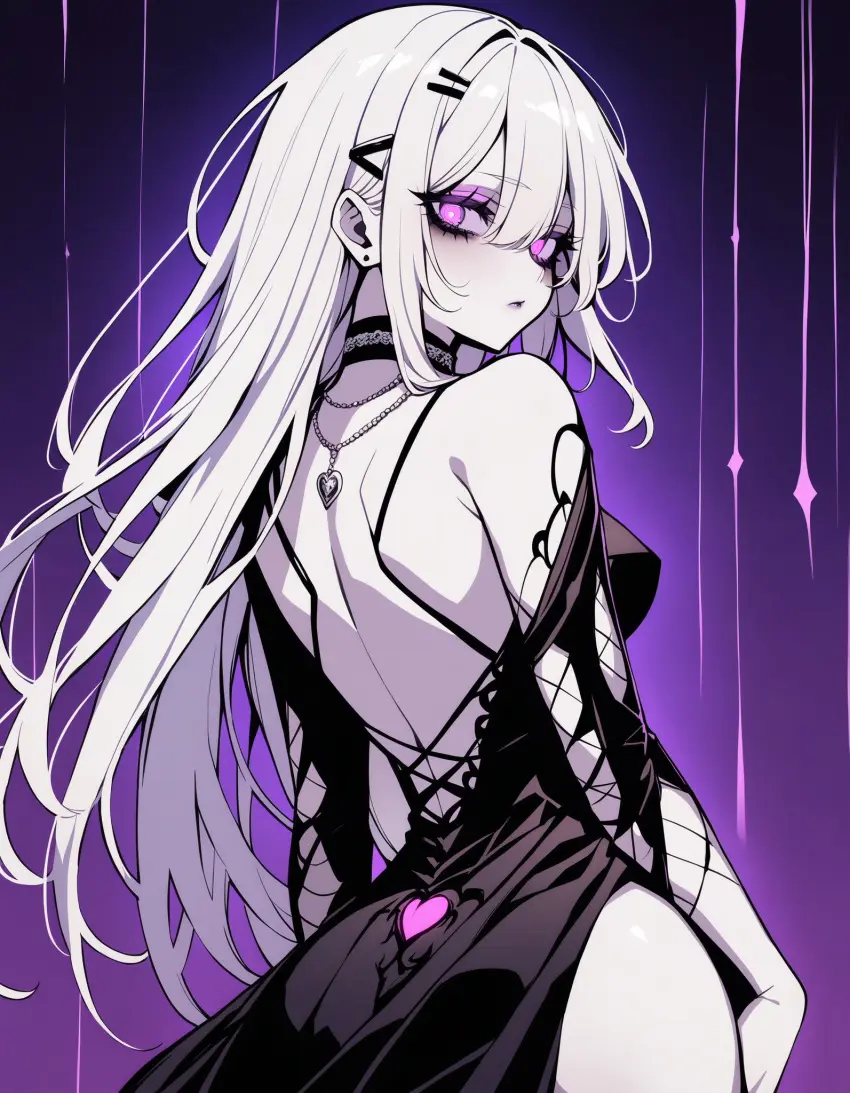 Image 1girls,female,white_hair,choker,seductive,thighs,ai_generated,dress,purple_eyes,necklace,heart,back_view,sad,goth,gothic,white_skinsuit