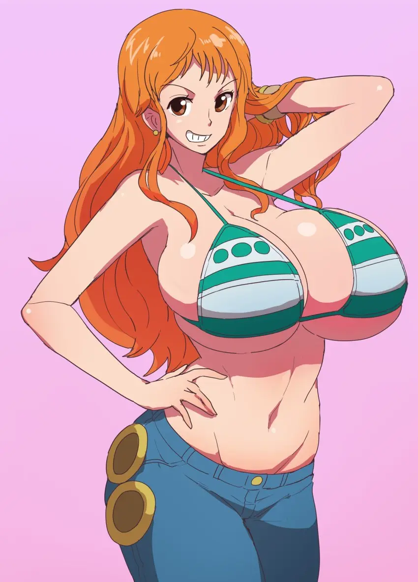 Image big_breasts,breasts,female,female_only,large_breasts,long_hair,2girls,bikini,female_focus,one_piece,nami_(one_piece),orange_hair,post-timeskip,huge_breasts,tagme,shounen_jump,bikini_top,jeans,striped_bikini,sasaki_tatsuya