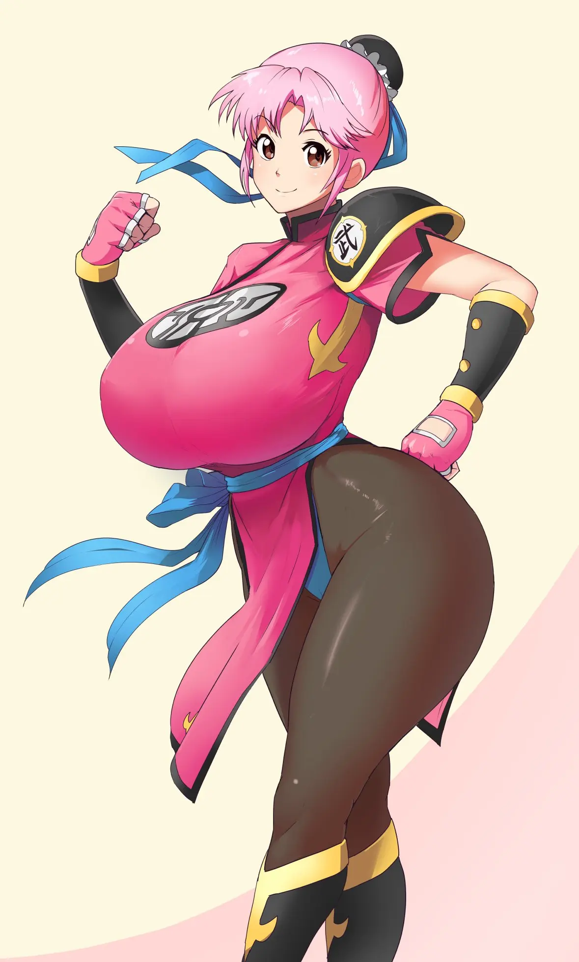 Image 1girls,big_breasts,breasts,brown_eyes,female,female_only,large_breasts,female_focus,wide_hips,huge_breasts,pink_hair,shounen_jump,no_panties,hair_bun,bun_cover,tights,dragon_quest,sasaki_tatsuya,dragon_quest_dai_no_daibouken,maam