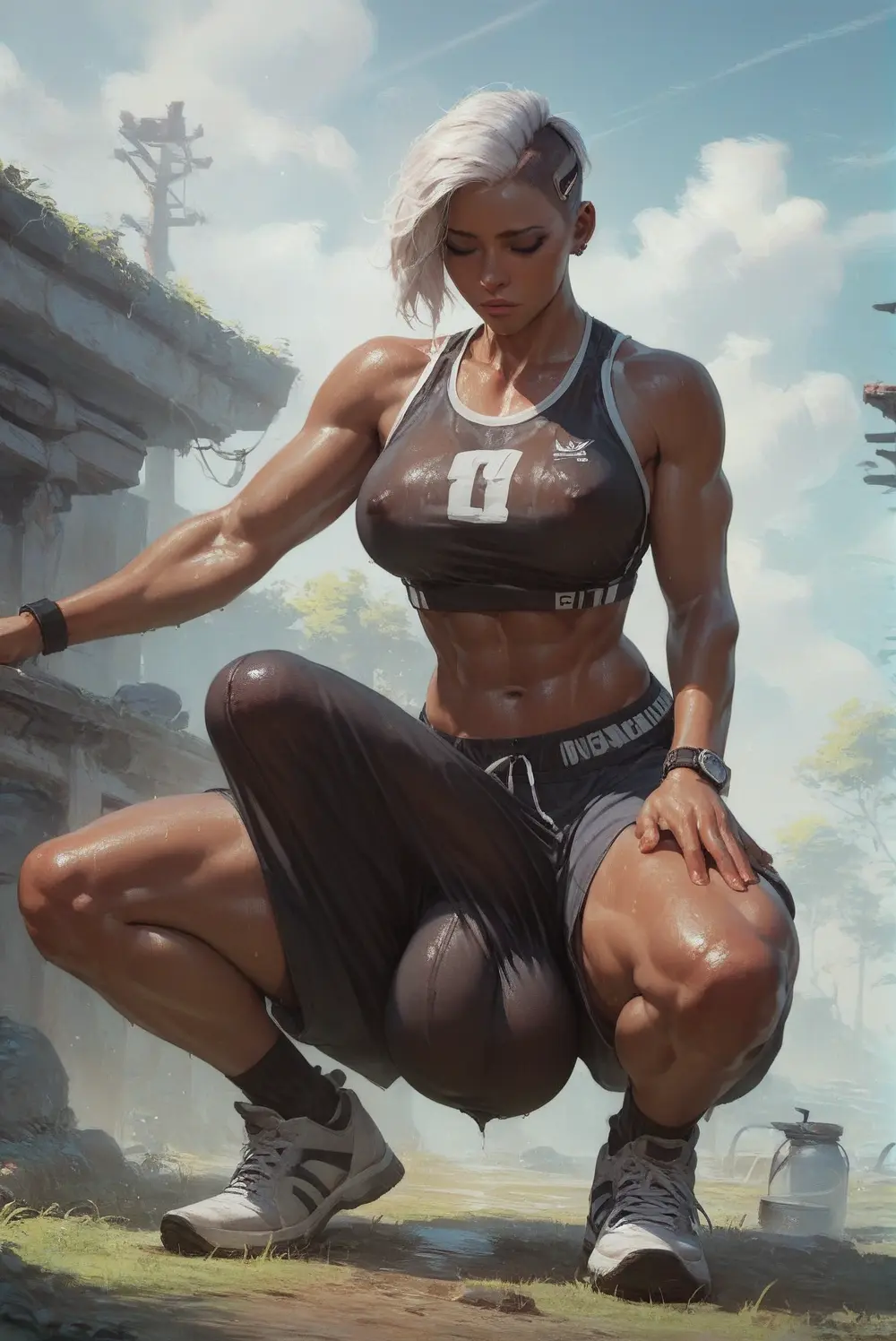 Image big_breasts,breasts,white_hair,short_hair,sweat,1futa,futanari,intersex,athletic,dark_skin,muscular,ai_generated,balls,tagme,stable_diffusion,bulge,huge_balls,crouching,huge_penis,santarvengar,penis_shaped_bulge