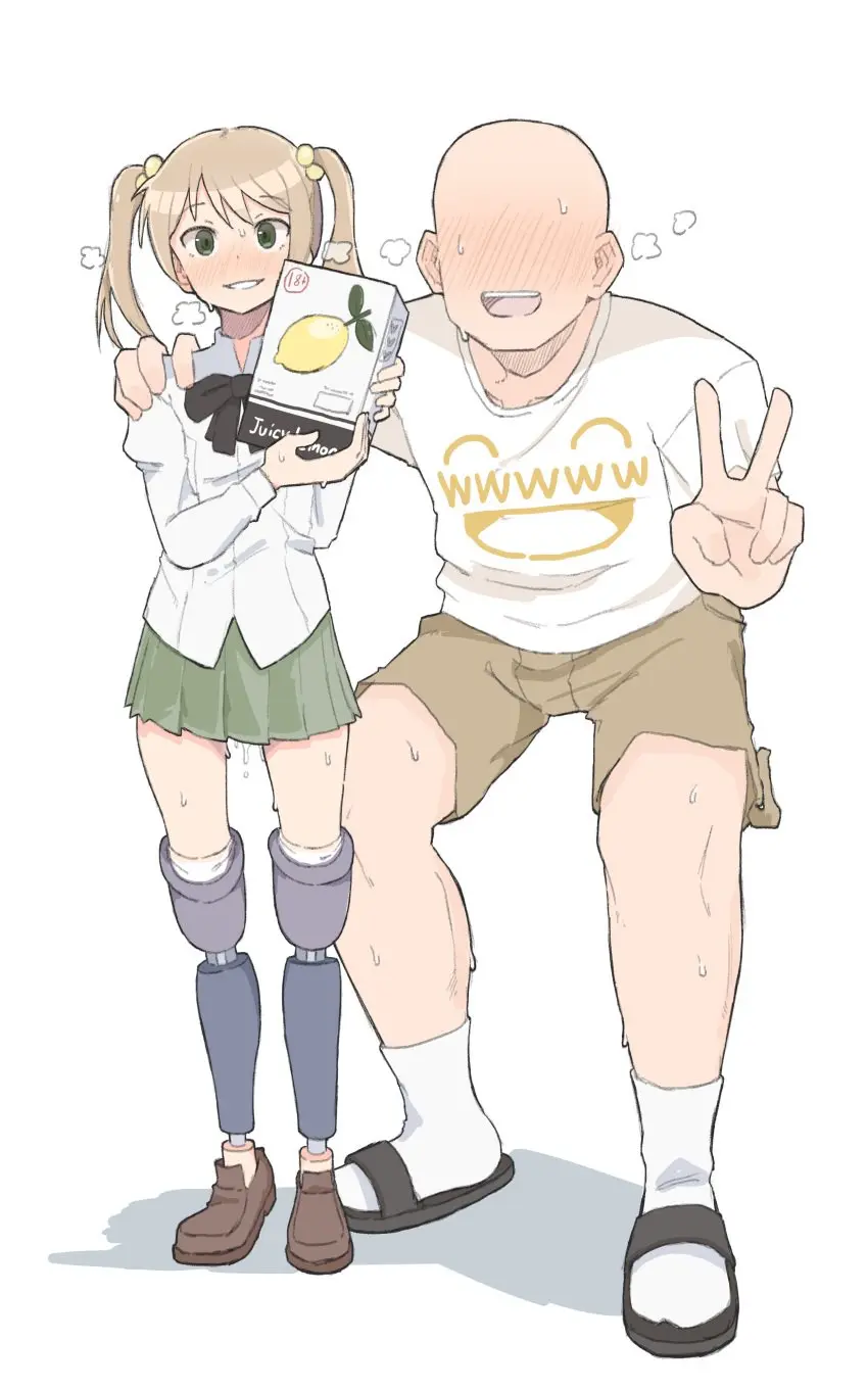 Image bow,female,hair_ornament,highres,shirt,smile,white_background,absurdres,male,sweat,faceless_male,blonde_hair,green_eyes,heavy_breathing,school_uniform,twintails,skirt,white_shirt,faceless,shorts,blouse,t-shirt,v,bowtie,food,fruit,hair_bobbles,prosthetic_leg,suggestive_fluid,amputee,double_amputee,zlix0n,ibarazaki_emi,katawa_shoujo,lemon,prosthesis,yamaku_high_school_uniform