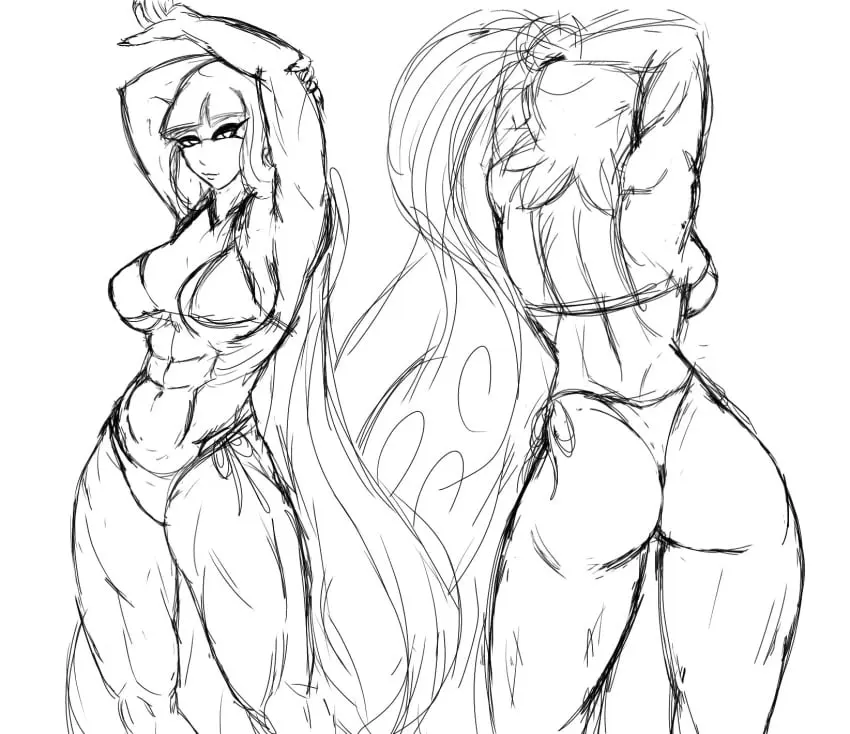 Image 1girls,big_breasts,breasts,female,bikini,big_ass,muscular,sideboob,original_character,black_and_white,sketch,splatoon,back_view,muscular_female,inkling,inkling_girl,coola_art