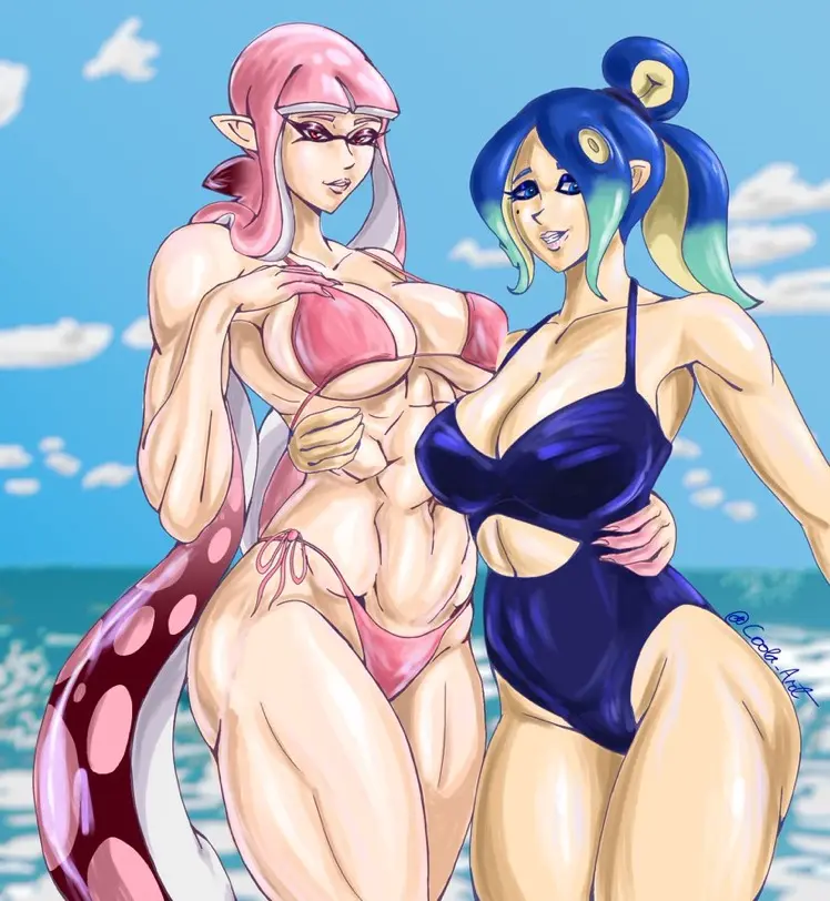 Image big_breasts,breasts,female,looking_at_viewer,2girls,bikini,muscular,original_character,octoling_girl,splatoon,muscular_female,octoling,inkling,inkling_girl,holding_partner,coola_art