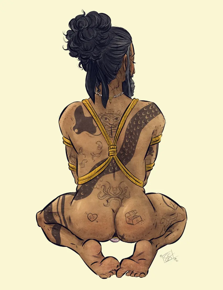 Image long_hair,solo,1boy,male,kneeling,male_only,solo_focus,gay,bondage,back_view,beard,buttplug,hands_tied,tattoos,pirate,long_hair_male,pearl_necklace,our_flag_means_death,blackbeard,edward_teach,updo,hair_tied_back,poorlyformed,poorlyporned