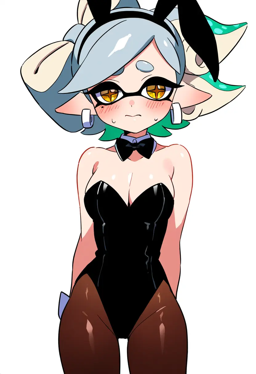 Image 1girls,blush,bow,breasts,cowboy_shot,female,grey_hair,looking_at_viewer,simple_background,solo,standing,white_background,animal_ears,bangs,short_hair,yellow_eyes,earrings,gradient_hair,multicolored_hair,embarrassed,ai_generated,bare_shoulders,cleavage,hairband,jewelry,medium_breasts,pointy_ears,mole,bunny_girl,rabbit_ears,medium_hair,self_upload,mole_under_eye,detached_collar,green_hair,collar,closed_mouth,bunnysuit,playboy_bunny,splatoon,splatoon_(series),tentacle_hair,leotard,swept_bangs,fake_animal_ears,highleg,highleg_leotard,strapless,strapless_leotard,+_+,pantyhose,novelai,bowtie,marie_(splatoon),arms_behind_back,black_hairband,black_bow,wrist_cuffs,black_bowtie,black_leotard,brown_pantyhose