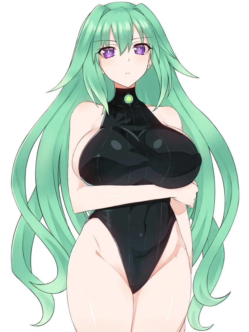 Image 1girls,big_breasts,breasts,female,hi_res,large_breasts,light-skinned_female,long_hair,looking_at_viewer,simple_background,thighs,bare_shoulders,hair,huge_breasts,goddess,one-piece_swimsuit,swimsuit,purple_eyes,green_hair,front_view,arm_under_breasts,alternate_hairstyle,hair_down,neptunia_(series),green_heart_(neptunia),vert,zatsu