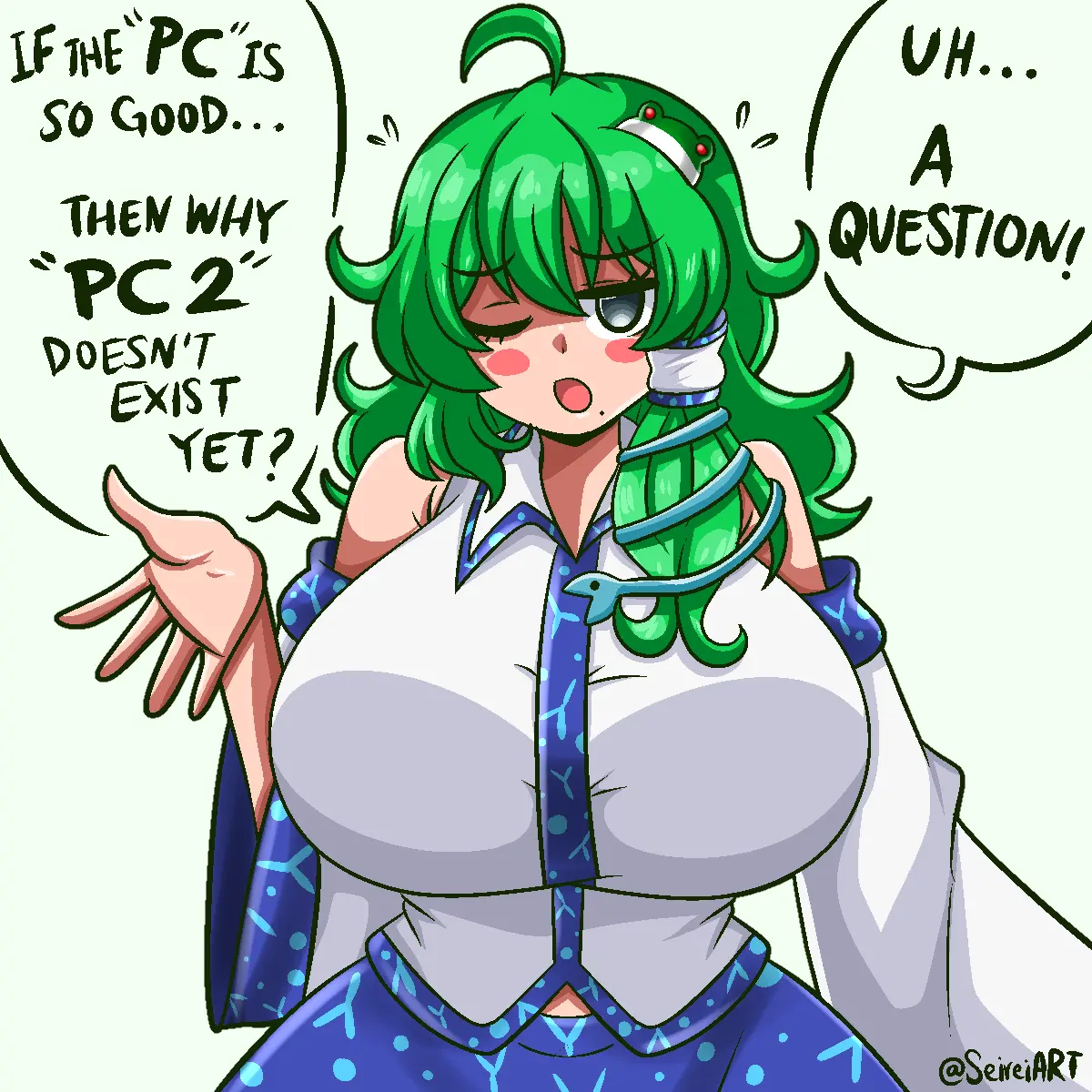 Image 1girls,big_breasts,breasts,female,light-skinned_female,open_mouth,solo,touhou,white_background,watermark,artist_name,clothed_female,solo_female,huge_breasts,text,hairclip,one_eye_closed,mole,ahoge,green_hair,english_text,mole_under_mouth,aqua_eyes,text_bubble,meme,miko,sanae_kochiya,shrine_maiden,boomer_sanae,seireiart
