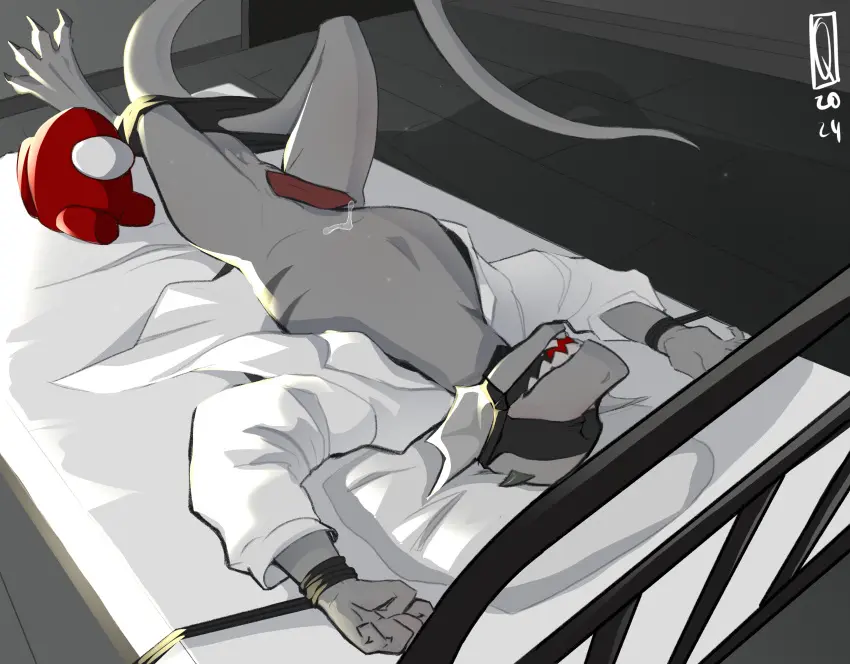 Image clothed,clothing,hi_res,solo,male,nude,penis,erection,shadow,teeth,anthro,excited,bed,genital_fluids,bedroom,bodily_fluids,genitals,grey_body,precum,horn,submissive_male,partially_clothed,bondage,2024,reptile,scalie,furniture,bandage,gills,blindfold,black_horn,bound,gag,fist,pink_penis,lizard,hands_tied,muzzle_(object),muzzled,lizard_penis,lizard_tail,obedient,hands_above_head,among_us,innersloth,space_station_13,unathi,zink_shan,left_alone,qiwery