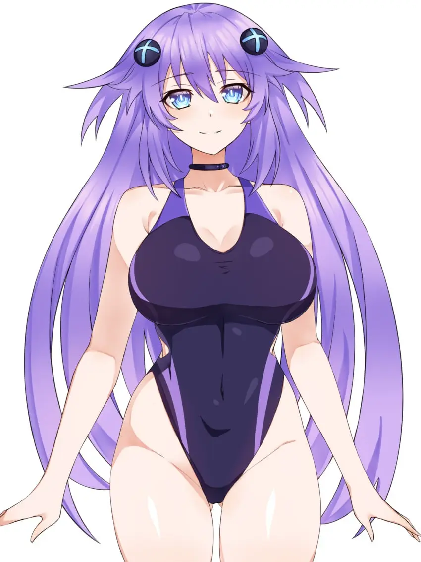 Image breasts,female,hair_ornament,light-skinned_female,long_hair,looking_at_viewer,smile,solo,blue_eyes,thighs,goddess,one-piece_swimsuit,swimsuit,purple_hair,front_view,neptunia_(series),neptune_(neptunia),zatsu,purple_heart_(neptunia)