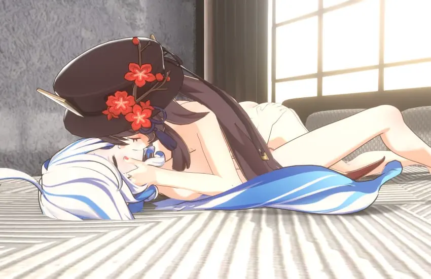 Image blush,female,highres,white_hair,2girls,blue_hair,nude,hat,completely_nude,brown_hair,closed_eyes,genshin_impact,hu_tao_(genshin_impact),bed,3d,romantic,lying_on_bed,yuri,breast_press,kissing,window,furina_(genshin_impact),grabbing_ass,hugging,grabbing_head,lesbian_kiss
