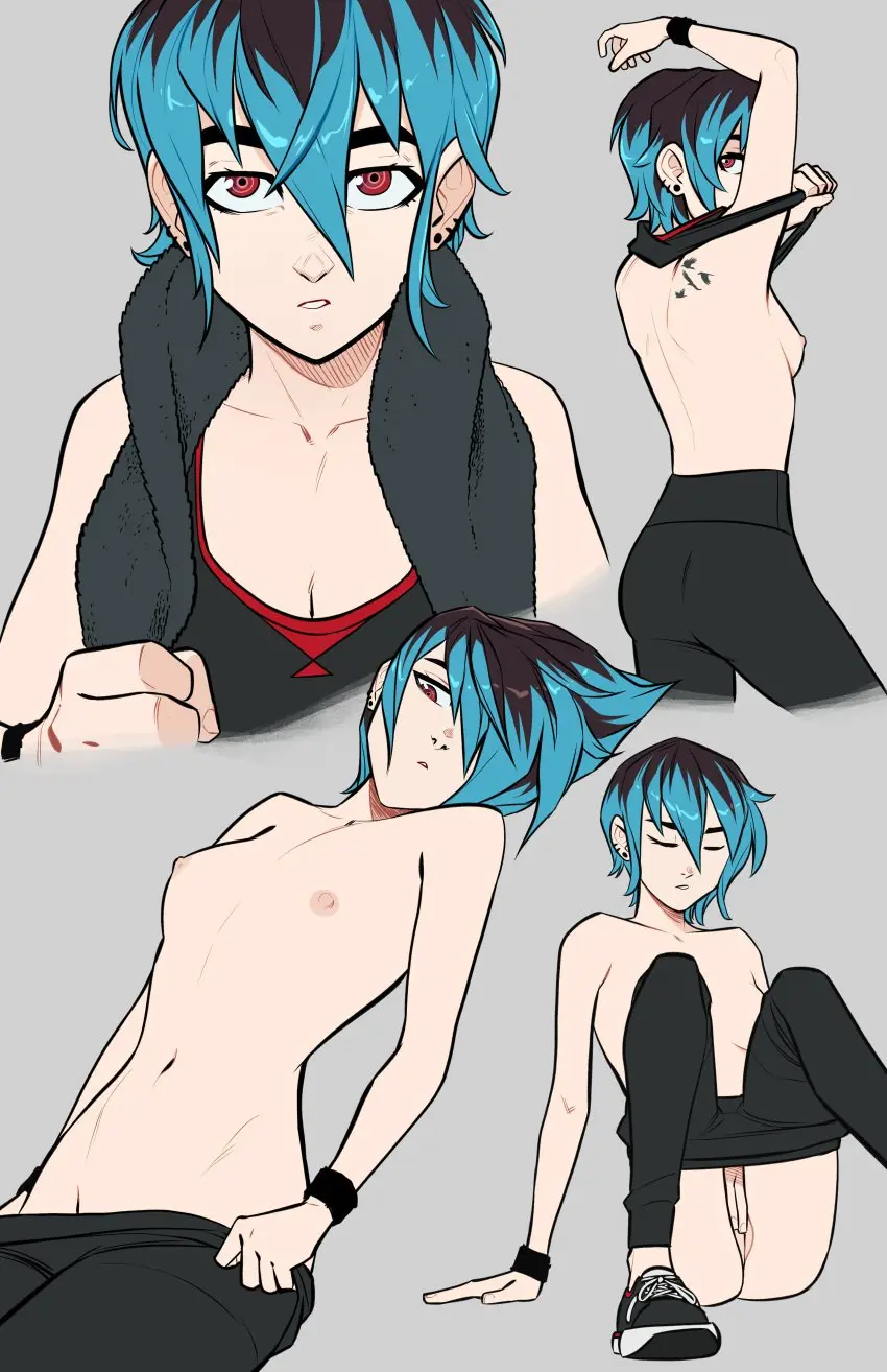 Image 1girls,breasts,clothing,female,human,nipples,shirt,black_legwear,nude,pussy,short_hair,ass,wide_hips,nude_female,spread_legs,original,original_character,closed_eyes,shirt_lift,oc,tomboy,dyed_hair,very_short_hair,zet13,mleelunsford