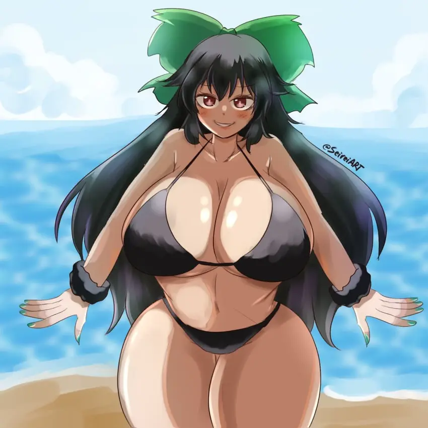 Image 1girls,big_breasts,breasts,brown_eyes,female,light-skinned_female,long_hair,solo,touhou,black_hair,bikini,thick_thighs,thighs,beach,water,watermark,artist_name,grin,solo_female,huge_breasts,green_nails,clouds,utsuho_reiuji,seireiart