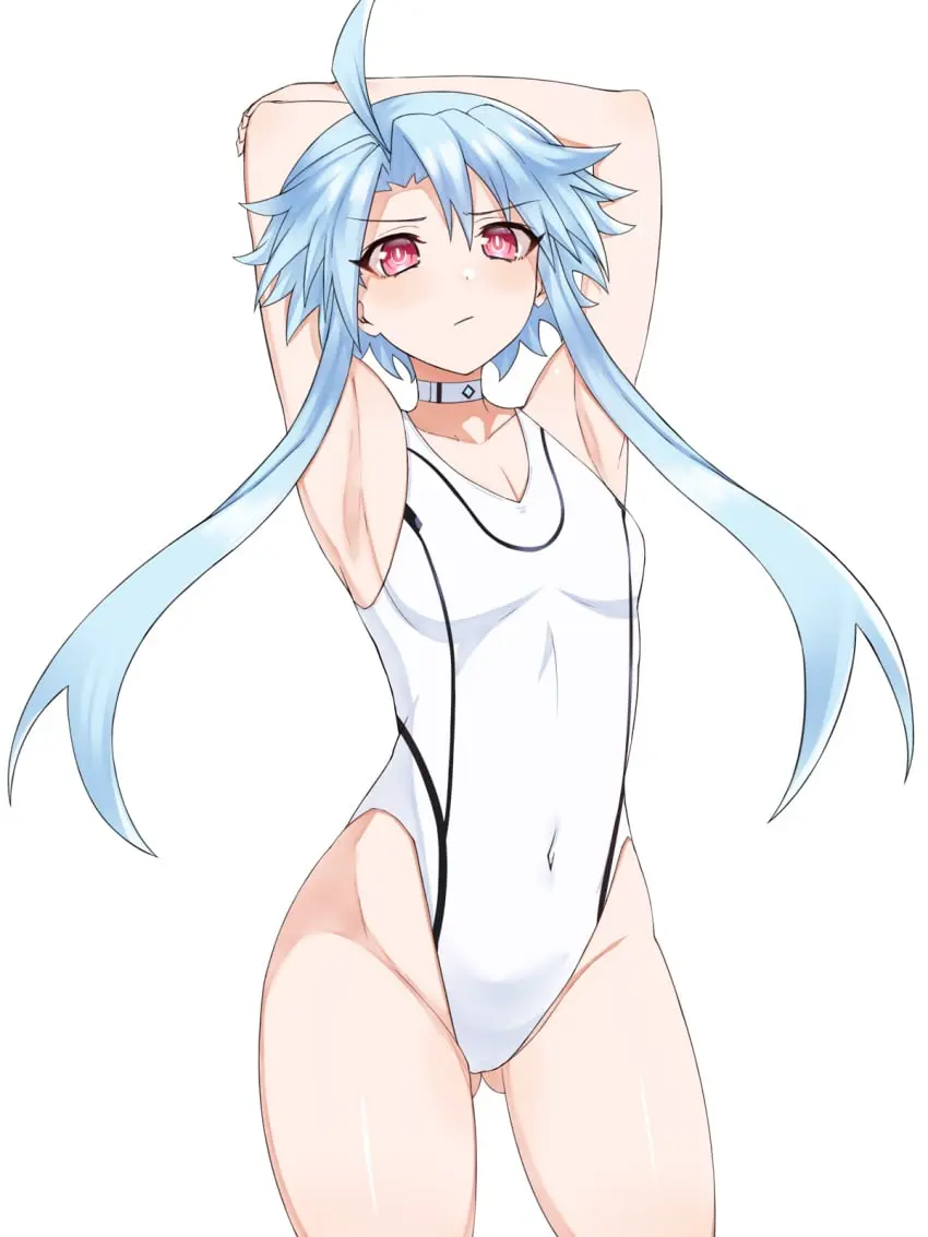 Image breasts,female,light-skinned_female,looking_at_viewer,red_eyes,simple_background,blue_hair,short_hair,short_hair_with_long_locks,choker,small_breasts,armpits,arms_up,goddess,swimsuit,front_view,neptunia_(series),zatsu,blanc,white_heart_(neptunia)
