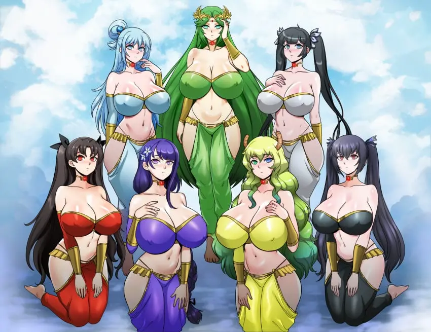 Image breasts,female,female_only,long_hair,black_hair,blue_hair,multiple_girls,navel,kneeling,cleavage,huge_breasts,dungeon_ni_deai_wo_motomeru_no_wa_machigatteiru_darou_ka,hestia_(danmachi),genshin_impact,nintendo,green_hair,fate_(series),raiden_shogun,hypnosis,crossover,kono_subarashii_sekai_ni_shukufuku_wo!,hypnotized,empty_eyes,mind_control,harem,kid_icarus,kid_icarus_uprising,palutena,lucoa,lucoa_(maidragon),miss_kobayashi's_dragon_maid,quetzalcoatl_(dragon_maid),aqua_(konosuba),fate/grand_order,trait_connection,harem_girl,harem_outfit,ishtar_(fate),7girls,neptunia_(series),choujigen_game_neptune,harem_pants,noire,shinzu031