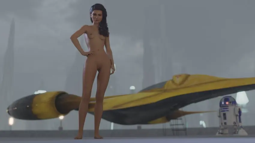Image 1girls,breasts,brown_eyes,female,long_hair,looking_at_viewer,nude,pussy,small_breasts,shaved_pussy,nude_female,naked,brown_hair,hand_on_hip,3d,star_wars,padme_amidala,alexbridger,coruscant,r2-d2