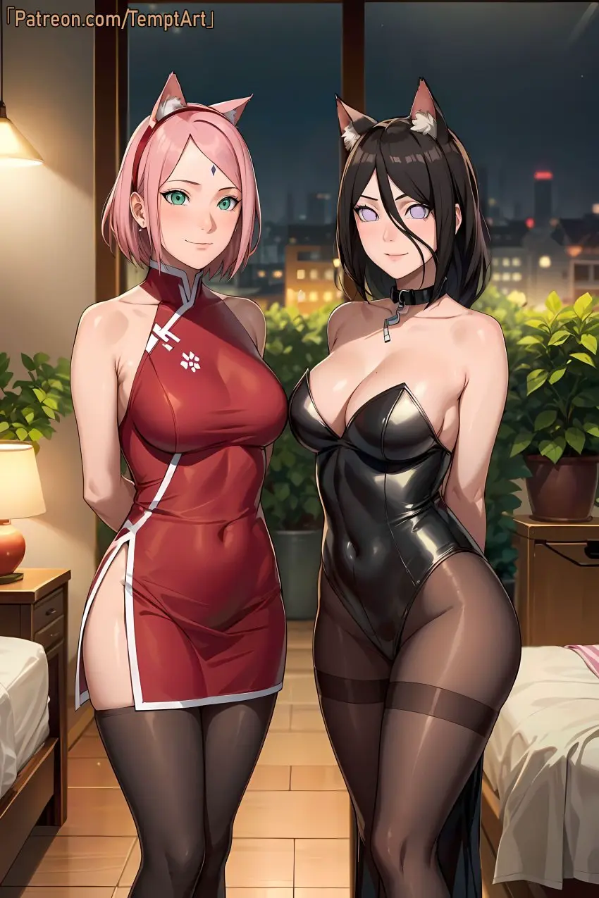 Image big_breasts,breasts,female,female_only,light-skinned_female,light_skin,no_bra,smile,standing,2girls,animal_ears,multiple_girls,choker,voluptuous,milf,animal_ear_fluff,cat_ears,patreon_username,watermark,ai_generated,bare_shoulders,cleavage,huge_breasts,pink_hair,text,green_eyes,stable_diffusion,dress,stockings,nai_diffusion,brown_hair,mature_female,indoors,presenting,bedroom,collar,revealing_clothes,curvaceous,bunnysuit,mature,naruto,naruto_(series),sakura_haruno,skimpy,skimpy_clothes,leotard,boruto:_naruto_next_generations,fake_animal_ears,hyuuga_hanabi,pantyhose,cosplay,url,violet_eyes,costume,commentary,bob_cut,arms_behind_back,chinese_clothes,presenting_self,web_address,adapted_costume,nekomimi,china_dress,pendant,take_your_pick,temptart