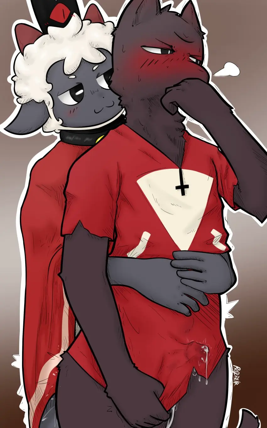 Image blush,clothing,hi_res,simple_background,standing,cum,male,penis,tail,sex,duo,male/male,digital_drawing_(artwork),digital_media_(artwork),shaded,anthro,absurd_res,wet,smug,penetration,genital_fluids,collar,bodily_fluids,fur,genitals,mammal,black_body,horn,grabbing_from_behind,male_penetrating,feline,2024,biped,white_body,signature,bovid,white_fur,felid,domestic_cat,felis,caprine,sheep,black_fur,cult_of_the_lamb,lamb_(cult_of_the_lamb),9:16,wet_clothing,wool_(fur),cum_in_clothing,cum_through_clothing,massive_monster_(studio),brradett,narinder,white_wool