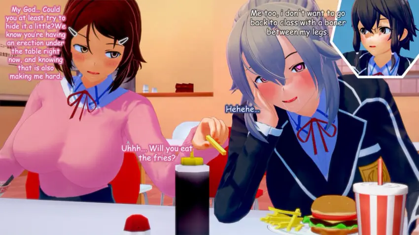 Image white_hair,black_hair,futanari,intersex,text,schoolgirl,school_uniform,brown_hair,3d,self_upload,comic,koikatsu,sword_art_online,fantasizing,cafeteria,eydis_synthesis_ten,lisbeth,lovac22,shinozaki_rika,asada_shino,sinon