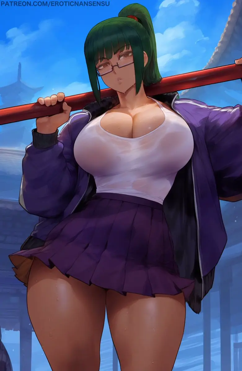 Image big_breasts,breasts,brown_eyes,clothed,clothing,female,large_breasts,looking_at_viewer,blunt_bangs,ai_generated,artist_name,cleavage,eyewear,glasses,2d,school_uniform,brown_hair,green_hair,miniskirt,jacket,from_below,big_thighs,holding_weapon,ai_assisted,jujutsu_kaisen,erotic_nansensu,holding_spear