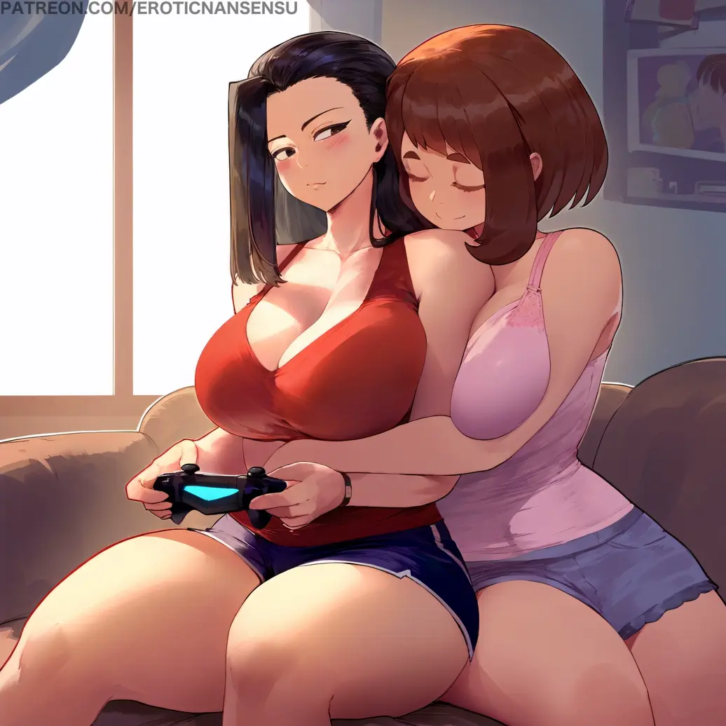 Image big_breasts,blush,breasts,female,large_breasts,2girls,bangs,black_hair,big_ass,big_butt,looking_back,thick_thighs,uncensored,ponytail,patreon_username,ai_generated,artist_name,bare_shoulders,cleavage,color,2d,my_hero_academia,ochako_uraraka,teenager,brown_hair,closed_eyes,indoors,black_eyes,yuri,breast_press,shorts,big_thighs,tank_top,ai_assisted,url,bare_legs,embrace,hug,short_shorts,asymmetrical_bangs,playing_videogame,student,erotic_nansensu,momo_yaoyorozu,hugging_from_behind,minishorts,ps4_controller