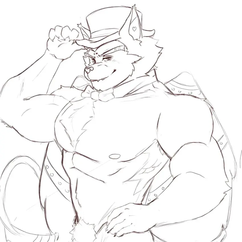Image looking_at_viewer,male,hat,muscular,muscular_male,smiling,male_only,yaoi,wings,bara,demon_wings,mammal,feline,sketch,hazbin_hotel,muscles,chest_tuft,husk_(hazbin_hotel),bow_tie,demon_cat,horimyav_yoshii,redesign