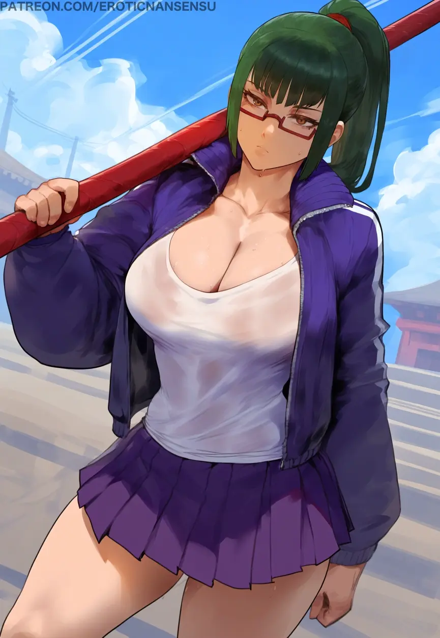 Image big_breasts,breasts,brown_eyes,clothed,clothing,female,large_breasts,looking_at_viewer,solo,blunt_bangs,sweat,thick_thighs,ponytail,patreon_username,ai_generated,artist_name,cleavage,color,eyewear,glasses,school_uniform,brown_hair,outdoors,green_hair,miniskirt,skirt,white_shirt,pleated_skirt,jacket,from_below,big_thighs,holding_weapon,weapon,tank_top,big,ai_assisted,open_jacket,jujutsu_kaisen,zenin_maki,weapon_over_shoulder,under-rim_eyewear,east_asian_architecture,erotic_nansensu,polearm,spear,track_jacket,holding_spear