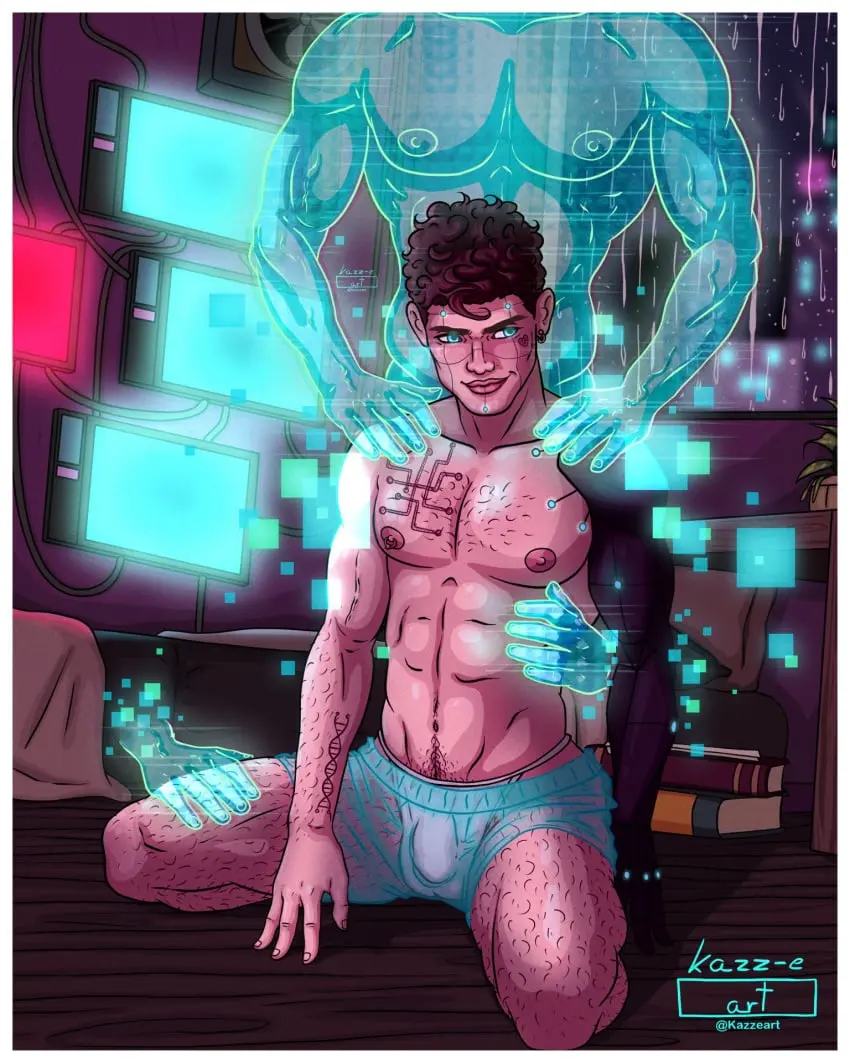 Image solo,male,muscular,muscular_male,male_only,solo_focus,tattoo,piercing,sci-fi,gay,dark_hair,bulge,ear_piercing,thong,computer_monitor,solo_male,smirk,happy_trail,pierced_nipples,muscles,gay_male,hairy,hairy_male,cybernetics,caucasian,caucasian_male,shiny_eyes,transparent_clothing,cyberpunk,hairy_legs,cybernetic_arm,technology,raining,hairy_arms,kazz-e_art,touching,fantasizing,computer_screen,screen,jessie_(kazz-e_art),blue_light,cyber,cybernetic_implants,touching_body