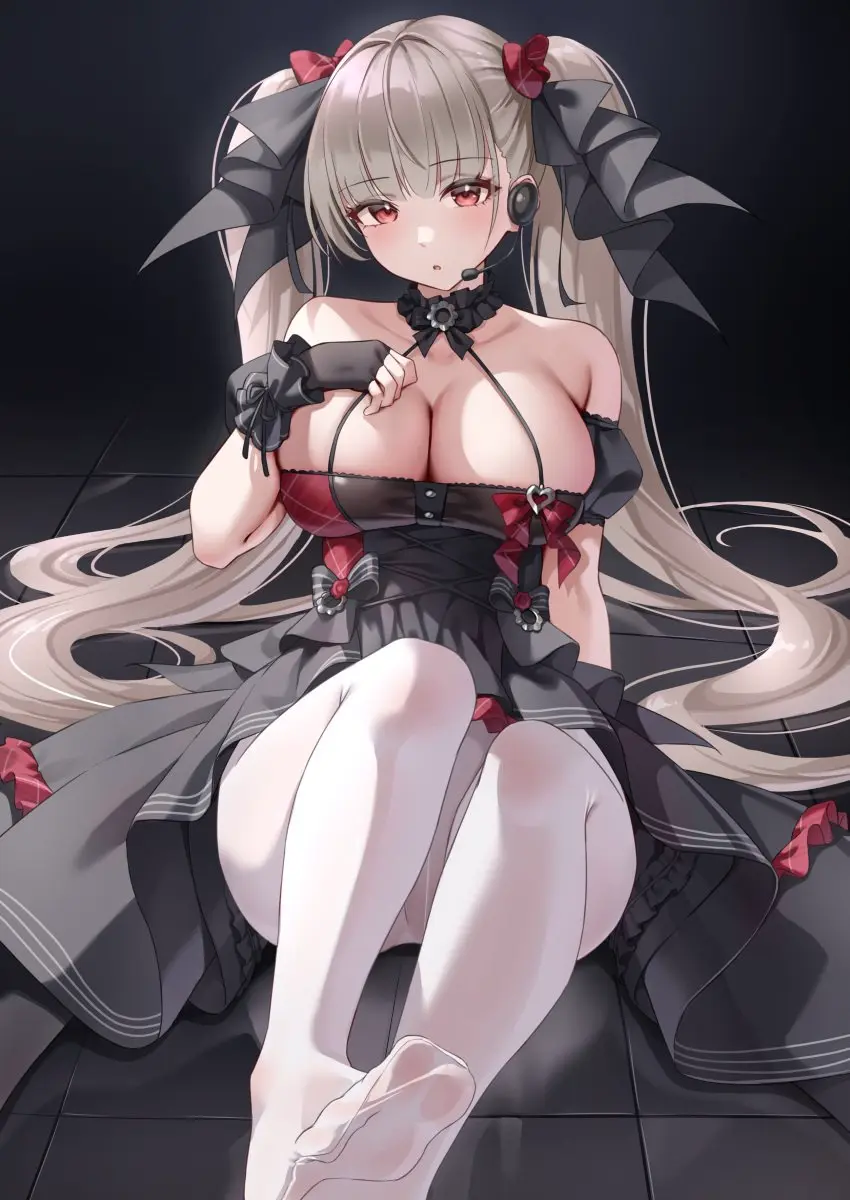 Image blush,breasts,female,choker,feet,huge_breasts,collar,soles,black_dress,alternate_costume,tile_floor,tiles,azur_lane,toes,pantyhose,sitting_on_floor,foreshortening,hand_on_breast,gothic,white_pantyhose,arm_at_side,presenting_feet,gothic_lolita,formidable_(azur_lane),arm_on_breast,one-piece_dress
