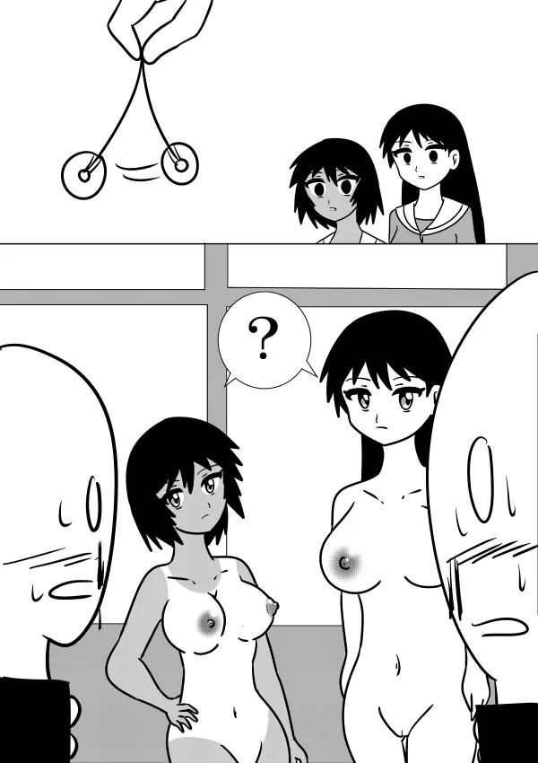 Image female,nipples,white_background,2girls,male,nude,2boys,tanline,hypnosis,greyscale,azumanga_daiou,iwanomori,kagura_(azumanga_daiou),sakaki