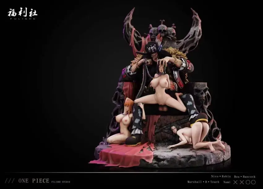 Image female,male,multiple_girls,sex,one_piece,nami_(one_piece),post-timeskip,artist_request,submissive_female,leash,slave_collar,nico_robin,slave,boa_hancock,multiple_subs,mindbreak,throne,stepped_on,figurine,figurines,marshall_d_teach