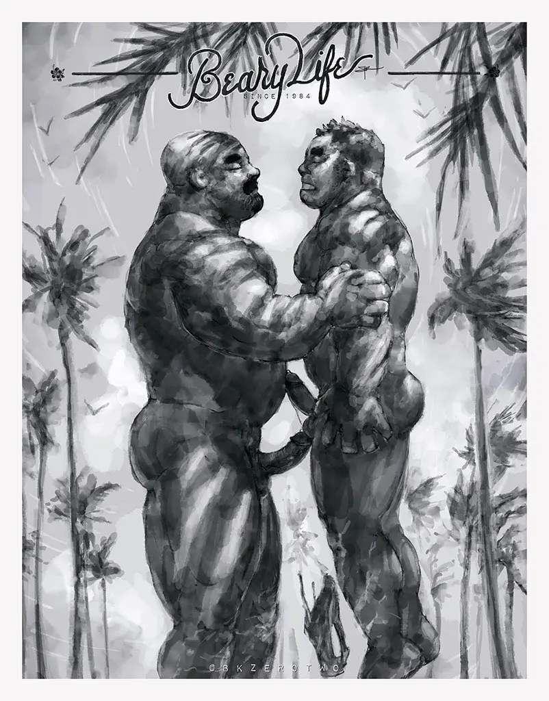 Image cowboy_shot,standing,male,nude,penis,short_hair,ass,thick_thighs,thighs,uncensored,erection,muscular,muscular_male,beach,2boys,yaoi,belly,balls,completely_nude,original,testicles,closed_eyes,bara,monochrome,multiple_boys,precum,thick_eyebrows,from_side,feet_out_of_frame,precum_drip,tree,male_focus,pectorals,plump,bald,large_pectorals,greyscale,mature_male,profile,thick_mustache,sanpaku,palm_tree,bk_zerotwo,faux_traditional_media,hand_on_another's_arm,penis_and_balls_touching