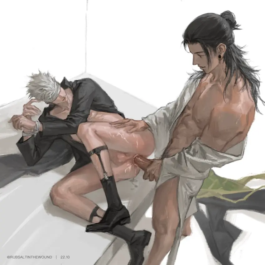 Image breasts,exposed_breasts,light_skin,long_hair,nipples,simple_background,white_hair,black_hair,cum,male,penis,short_hair,sweat,ass,earrings,2boys,anal,anal_sex,male/male,male_only,yaoi,artist_name,color,digital_media_(artwork),balls,light-skinned_male,cock,gay,gay_sex,hand_on_hip,dick,bottomless,gay_domination,male_penetrating,partially_clothed,tied,tied_hands,laying_down,male_focus,asian,exposed_ass,topwear,blindfold,half-dressed,shoes,male_penetrated,male_penetrating_male,gay_anal,gay_male,jujutsu_kaisen,exposed_penis,discarded_clothing,satoru_gojo,asian_male,suguru_geto,saltinesaltine1