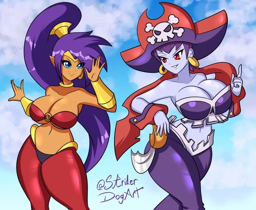 Image big_breasts,breasts,clothed,clothing,female,female_only,2girls,hat,alternate_breast_size,shantae,shantae_(character),voice_actor_connection,striderdogart,risky_boots