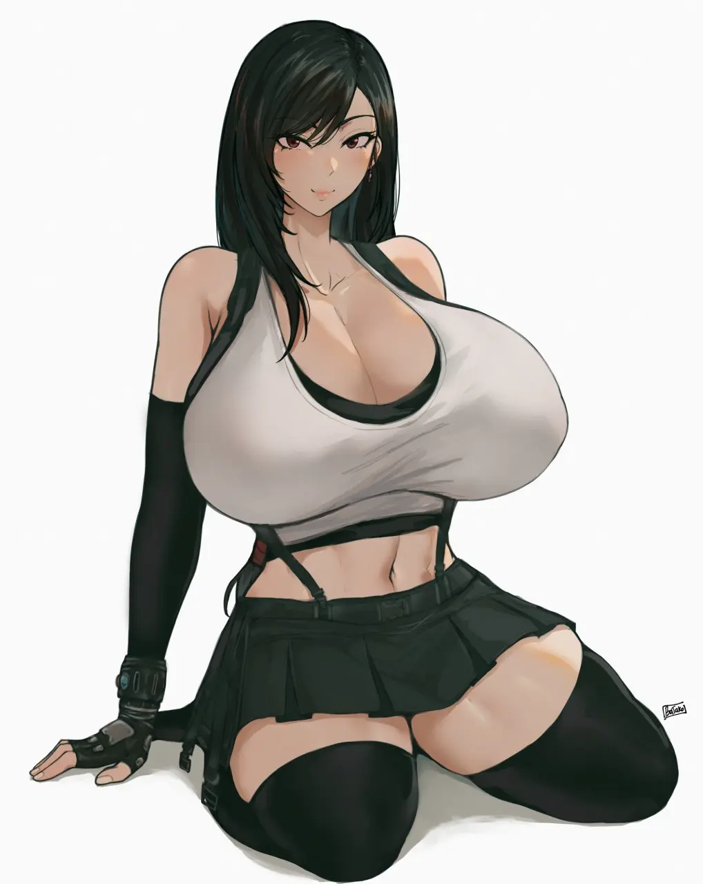 Image 1girls,big_breasts,blush,breasts,clothing,female,female_only,long_hair,looking_at_viewer,red_eyes,smile,solo,suspenders,white_background,bangs,black_hair,gloves,navel,sidelocks,thighhighs,earrings,thick_thighs,hair_over_one_eye,artist_name,belly,belly_button,cleavage,clothes,eyebrows,midriff,huge_breasts,tagme,sitting,tied_hair,detached_sleeves,hair_between_eyes,miniskirt,skirt,fit,fit_female,alternate_breast_size,final_fantasy,final_fantasy_vii,tifa_lockhart,fingerless_gloves,artist_logo,fully_clothed,tank_top,sleeves,seiza,bangs_over_one_eye,white_topwear,black_thighhighs,red_hair_tie,sleeve_gloves,white_tank_top,batako,bangs_between_eyes