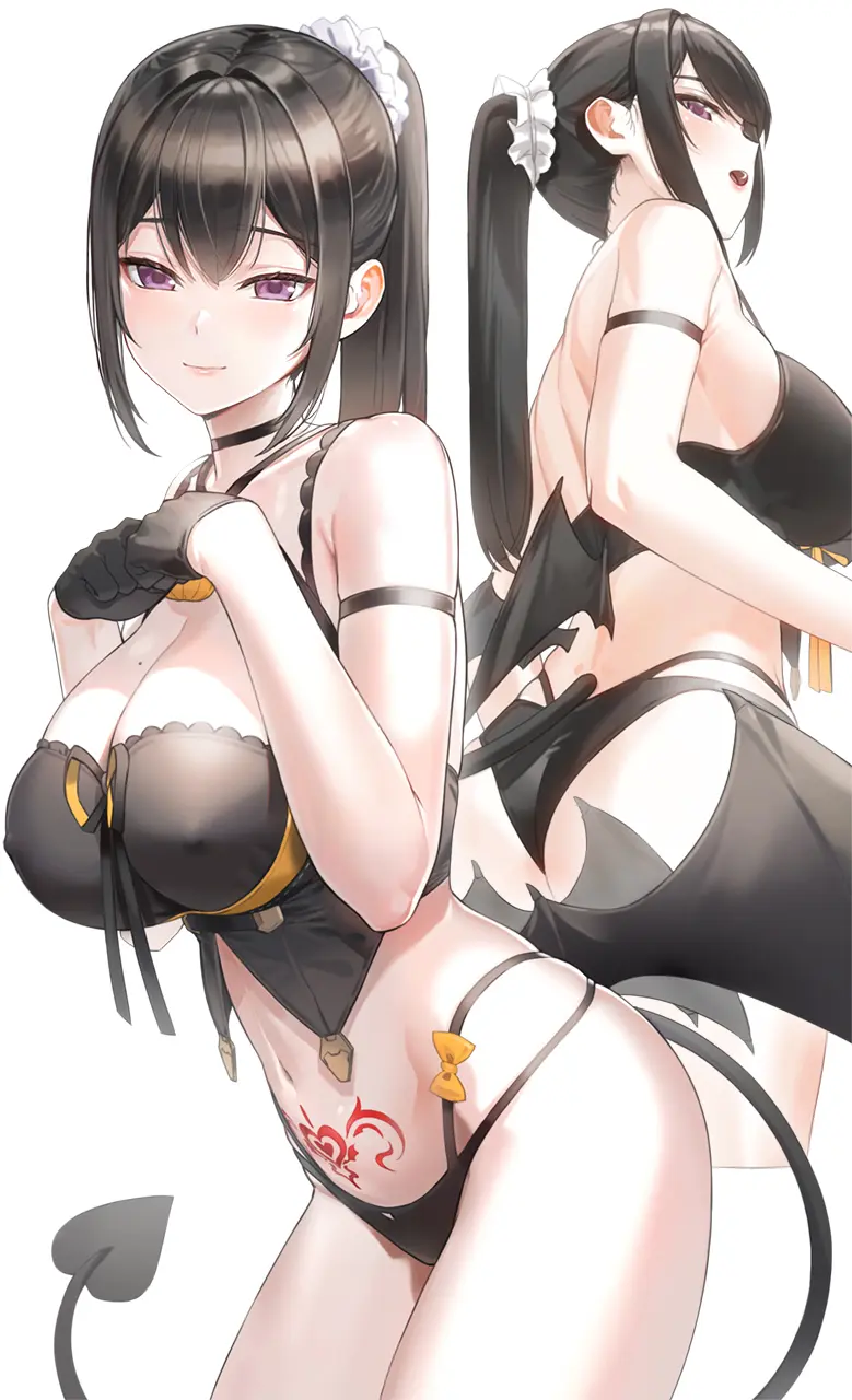 Image 1girls,breasts,female,highres,large_breasts,long_hair,looking_at_viewer,simple_background,white_background,black_gloves,black_hair,gloves,navel,tail,choker,demon_tail,ponytail,cleavage,tattoo,wings,original,mole,mole_on_breast,purple_eyes,black_wings,demon_girl,demon_wings,closed_mouth,black_choker,commentary_request,multiple_views,succubus,arm_strap,succubus_tattoo,stomach_tattoo,kfr