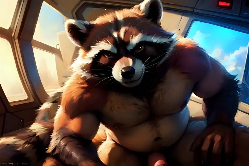 Image male,nude,bedroom_eyes,ai_generated,nude_male,raccoon,leaning_forward,marvel,marvel_comics,guardians_of_the_galaxy,rocket_raccoon,marvel_cinematic_universe