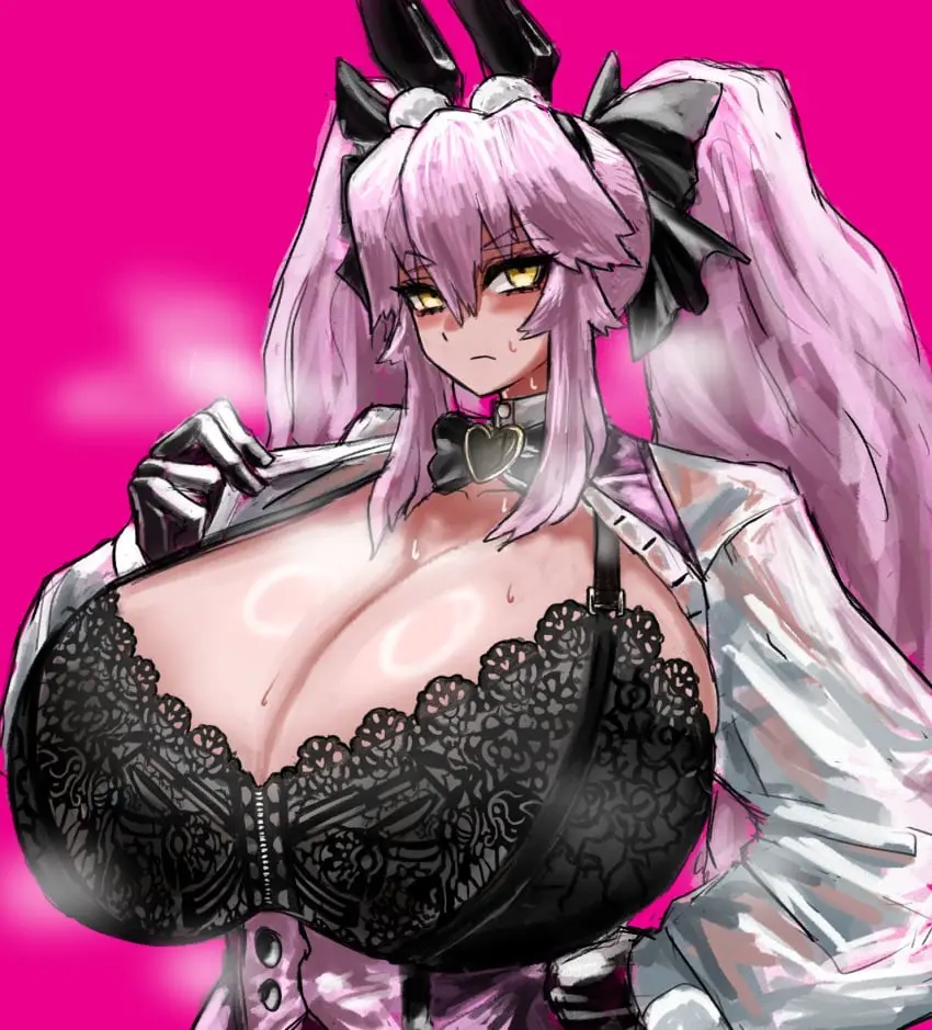 Image big_breasts,breasts,female,mostly_clothed,yellow_eyes,bra,pink_hair,breasts_bigger_than_head,artist_request,alternate_version_available,fox_girl,frown,breast_focus,undressing,fate_(series),frowning,koyanskaya_(assassin),koyanskaya_(fate),koyanskaya_(assassin_second_ascension),maabo_harusame
