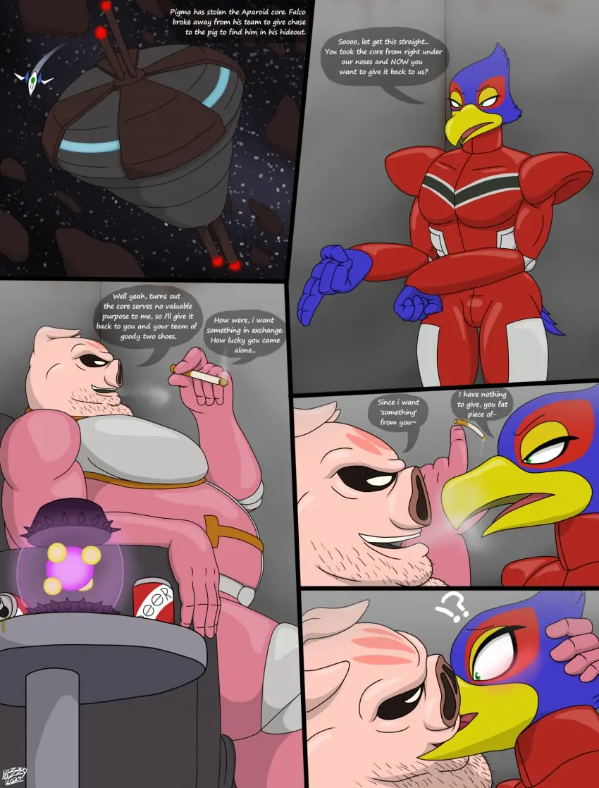 Image blush,hi_res,male,duo,male/male,male_only,yaoi,belly,big_belly,size_difference,anthro,text,nintendo,comic,fur,mammal,dialogue,spacesuit,blue_body,kissing,avian,bird,blue_fur,suid,suina,sus_(pig),pink_body,pink_skin,fat,domestic_pig,chubby_male,star_fox,falco_lombardi,pigma_dengar,arwing,ciger,pizzaozzy,pizzaozzy_(artist)