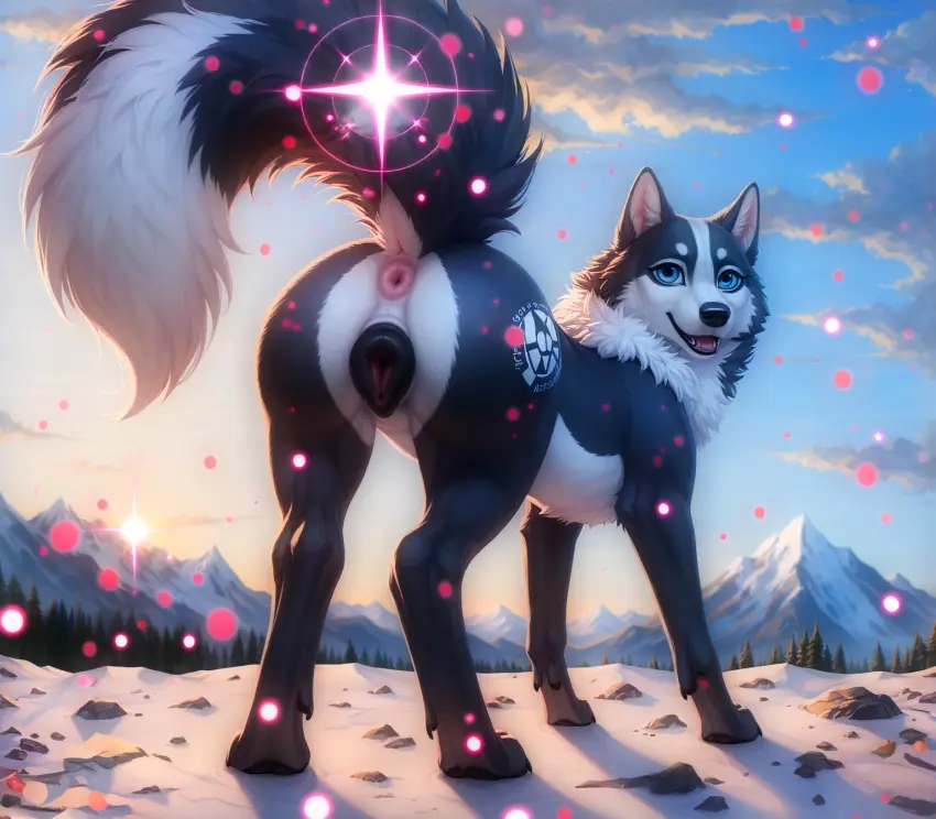 Image female,hi_res,looking_at_viewer,open_mouth,smile,solo,standing,blue_eyes,pussy,ass,looking_back,ai_generated,open_smile,anus,cloud,presenting,canid,canine,canis,domestic_dog,fur,genitals,mammal,multicolored_body,multicolored_fur,big_eyes,claws,black_body,glistening,glistening_genitalia,white_body,outside,tree,presenting_hindquarters,magic,forest,animal_genitalia,markings,plant,tuft,raised_tail,white_fur,looking_back_at_viewer,feral,day,sunlight,glowing,animal_pussy,plump_labia,light,rock,black_fur,black_claws,puffy_anus,inner_ear_fluff,spitz,canine_pussy,nordic_sled_dog,ears_up,three-quarter_view,neck_tuft,pink_anus,facial_tuft,black_pussy,glistening_eyes,blp,mountains,cheek_tuft