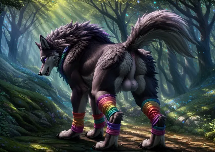 Image clothed,clothing,hi_res,looking_at_viewer,open_mouth,solo,standing,male,ass,looking_back,ai_generated,teeth,balls,anus,presenting,glowing_eyes,realistic,canid,canine,canis,fur,genitals,grey_body,grey_fur,mammal,multicolored_body,multicolored_fur,snout,claws,detailed,black_nose,legwear,blue_body,white_body,green_body,outside,tree,presenting_hindquarters,blue_fur,forest,plant,tuft,detailed_background,raised_tail,white_balls,white_fur,looking_back_at_viewer,feral,day,sunlight,glowing,perineum,violet_eyes,light,black_claws,pivoted_ears,mane,three-quarter_view,pink_anus,white_perineum,green_fur,facial_tuft,lighting,blp,path,detailed_fur,cheek_tuft,long_snout,light_beam,moss,dire_wolf,leg_warmers,clothed_feral,sunbeam,long_claws