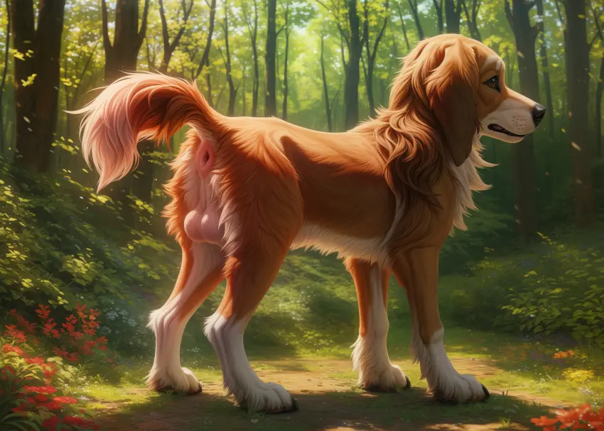 Image brown_eyes,hi_res,solo,standing,male,ai_generated,balls,anus,big_balls,bird_dog,canid,canine,canis,domestic_dog,fur,genitals,hunting_dog,mammal,multicolored_body,multicolored_fur,two_tone_body,two_tone_fur,paws,flower,detailed,black_nose,glistening,white_body,outside,tree,brown_fur,forest,plant,tuft,brown_body,detailed_background,raised_tail,white_balls,white_fur,feral,day,sunlight,perineum,floppy_ears,light,grass,chest_tuft,leg_tuft,big_anus,three-quarter_view,pink_anus,white_perineum,lighting,glistening_eyes,blp,whisker_spots,detailed_fur,spaniel,ankle_tuft