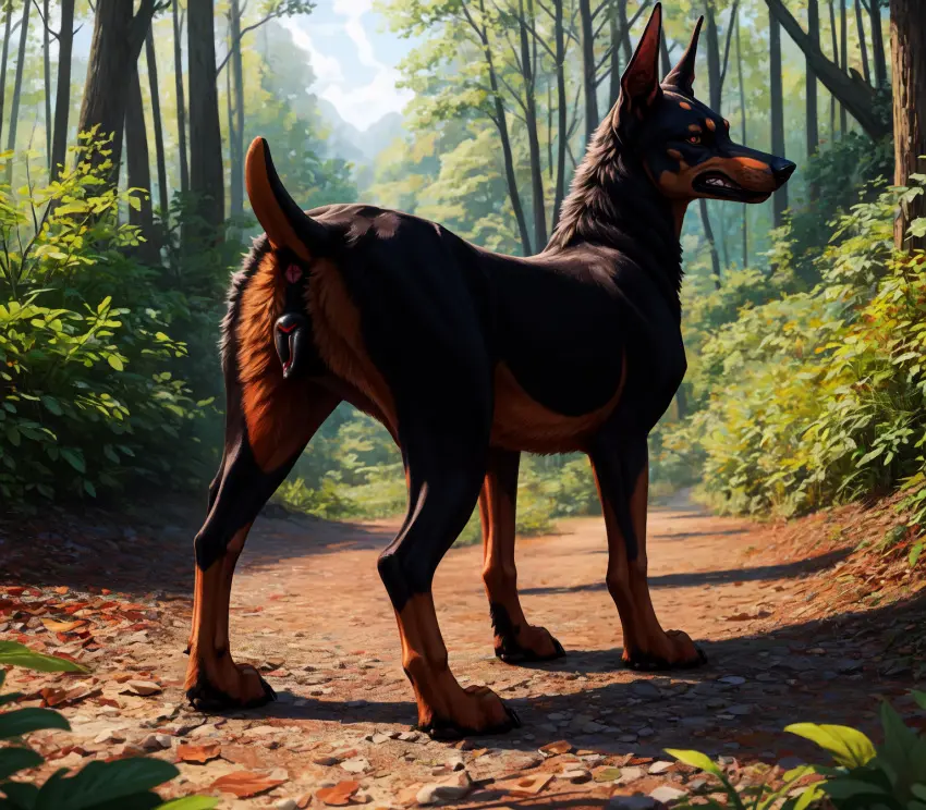Image female,hi_res,looking_at_viewer,solo,standing,pussy,ass,looking_back,orange_eyes,ai_generated,teeth,anus,slim,canid,canine,canis,domestic_dog,fur,genitals,mammal,multicolored_body,multicolored_fur,snout,paws,black_body,detailed,black_nose,outside,tree,brown_fur,forest,animal_genitalia,canine_genitalia,plant,brown_body,detailed_background,raised_tail,short_tail,looking_back_at_viewer,feral,day,sunlight,animal_pussy,light,black_fur,prick_ears,canine_pussy,ears_up,three-quarter_view,pink_anus,dobermann,pinscher,black_pussy,blp,path,detailed_fur,shrub,long_snout,snarling