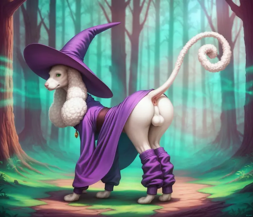 Image clothed,clothing,hi_res,looking_at_viewer,solo,male,hat,looking_back,headwear,wide_hips,ai_generated,headgear,balls,anus,green_eyes,slim,canid,canine,canis,domestic_dog,fur,genitals,mammal,paws,detailed,legwear,white_body,tree,forest,plant,hybrid,white_balls,white_fur,looking_back_at_viewer,feral,magic_user,glowing,perineum,floppy_ears,pink_nose,grass,mouth_closed,long_tail,three-quarter_view,pink_anus,white_perineum,poodle,robe,blp,attempted_signature,wizard_hat,leg_warmers,clothed_feral
