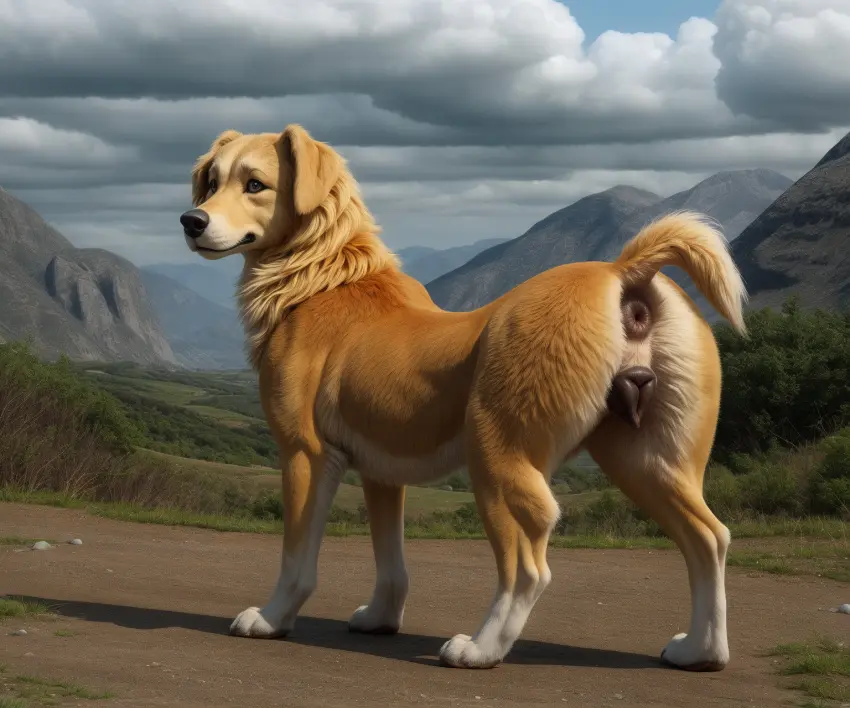 Image female,hi_res,looking_at_viewer,solo,standing,pussy,ass,big_butt,looking_back,ai_generated,anus,realistic,bird_dog,canid,canine,canis,domestic_dog,fur,genitals,hunting_dog,mammal,multicolored_body,multicolored_fur,retriever,paws,yellow_body,yellow_fur,detailed,black_nose,glistening,glistening_genitalia,white_body,outside,animal_genitalia,plant,detailed_background,raised_tail,white_fur,short_tail,looking_back_at_viewer,feral,day,animal_pussy,floppy_ears,puffy_anus,canine_pussy,mouth_closed,three-quarter_view,black_pussy,glistening_eyes,tail_aside,blp,mountains,whisker_spots,detailed_fur,shrub,field,golden_retriever,wide_stance,landscape,cloudy
